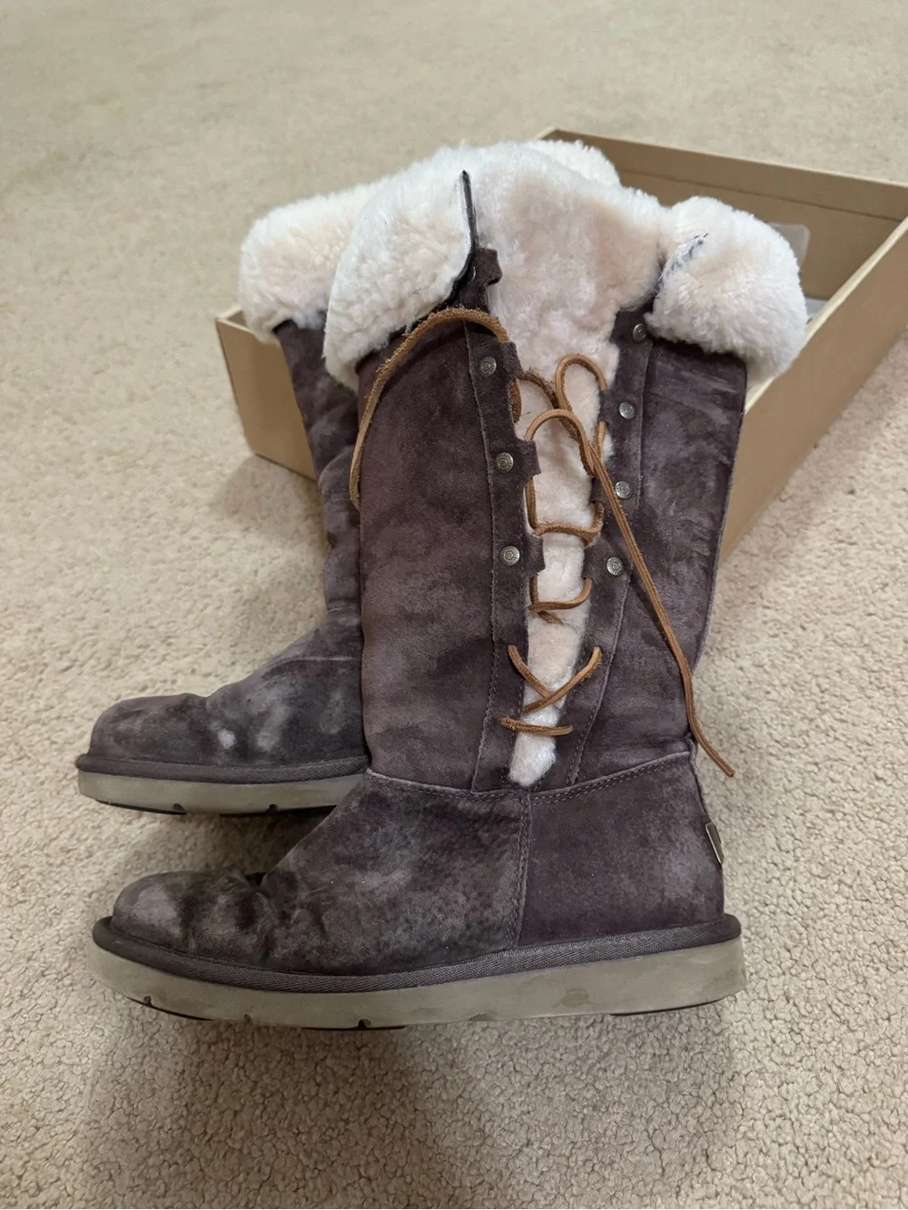 UGG Gray Suede Shearling Lace-Up Winter Boots